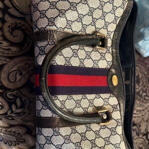 Gucci Beige Monogram Tote with Red and Navy Stripe